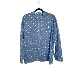 Talbots Blue & White Polka Dot Semi Sheer Button Front Blouse Size Large